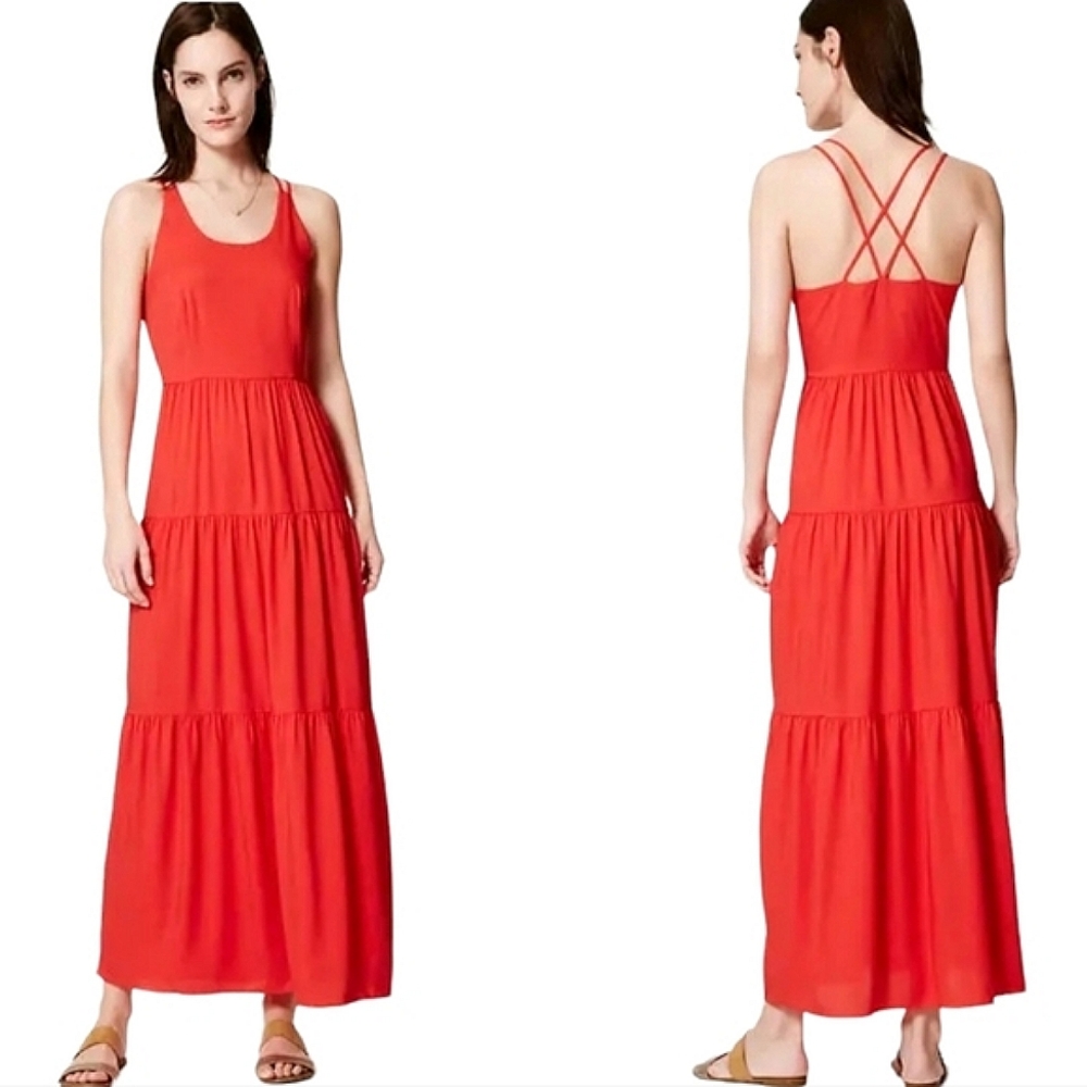 LOFT Red Tiered Maxi Dress with Strappy Back